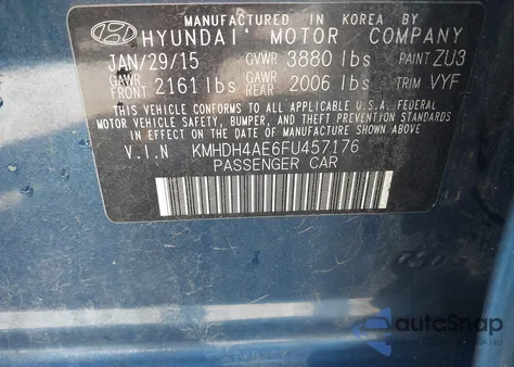 2015 Hyundai Elantra Se from USA, damaged, VIN KMHDH4AE6FU457176
